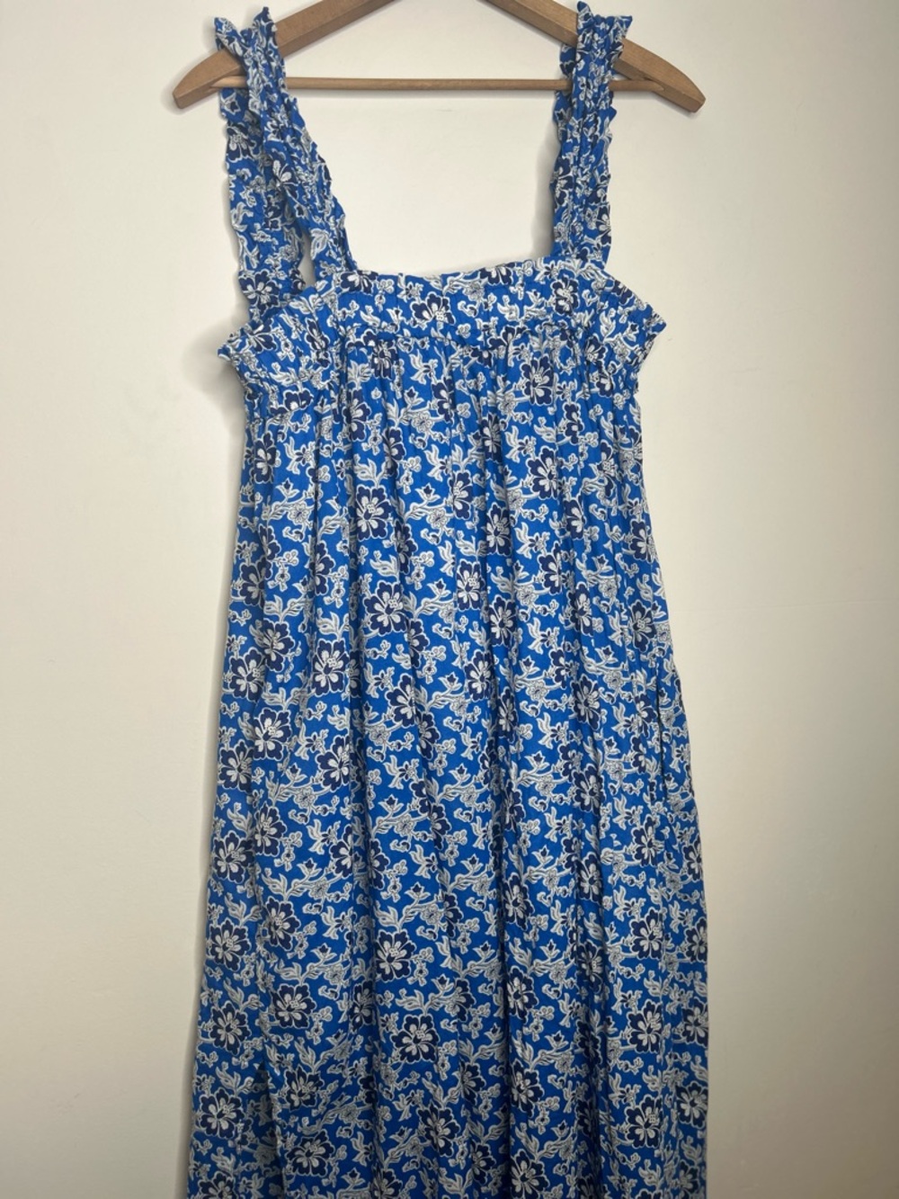 J. Crew Blue and White Floral Smocked Maxi Dress